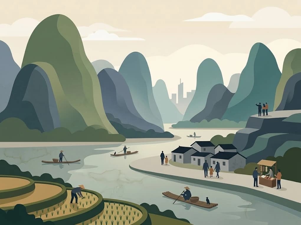 Illustration of Guilin’s karst mountains, river rafts, rice terraces and a riverside village with contemporary travellers.