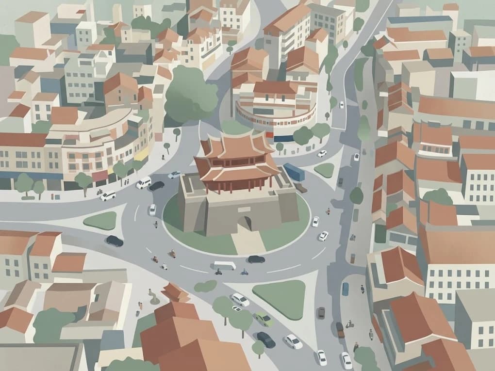 Illustration of Quanzhou’s traditional tower surrounded by streets, shops, cars and pedestrians.