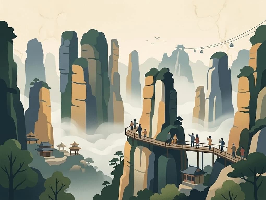 Illustration of Zhangjiajie’s misty sandstone pillars, with contemporary visitors on a mountain walkway and cable cars overhead.