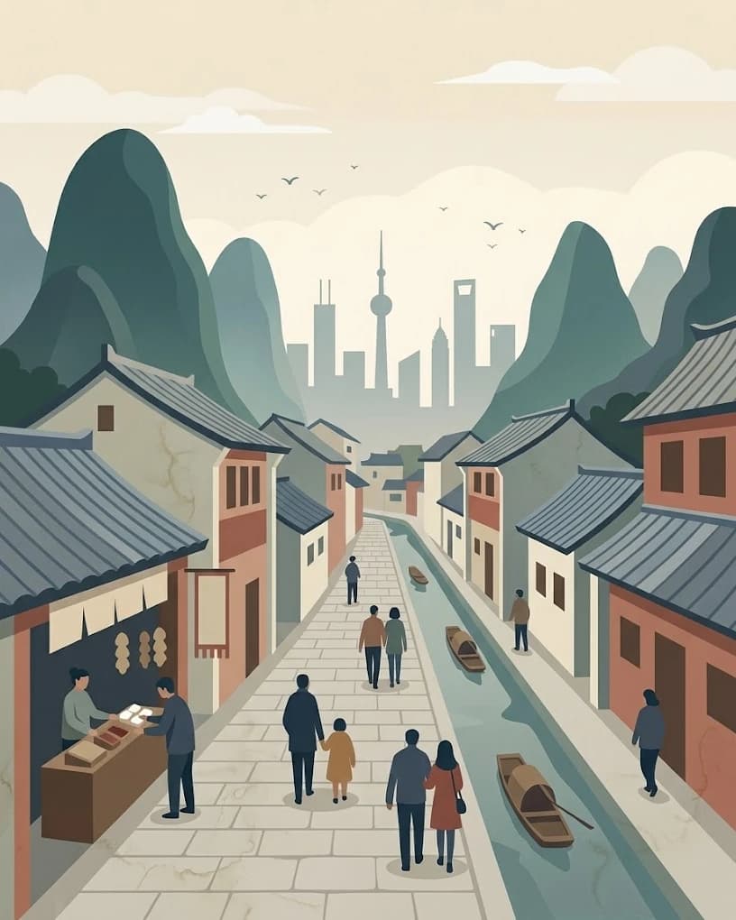 Illustration of contemporary travellers walking beside a canal through tiled-roof neighbourhoods, with mountains and a modern skyline in the distance.